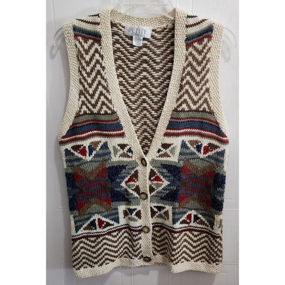 Vtg Petite‎ Sophisticate Women's Knit Sweater Cardigan Vest Aztec Southwest Sz P